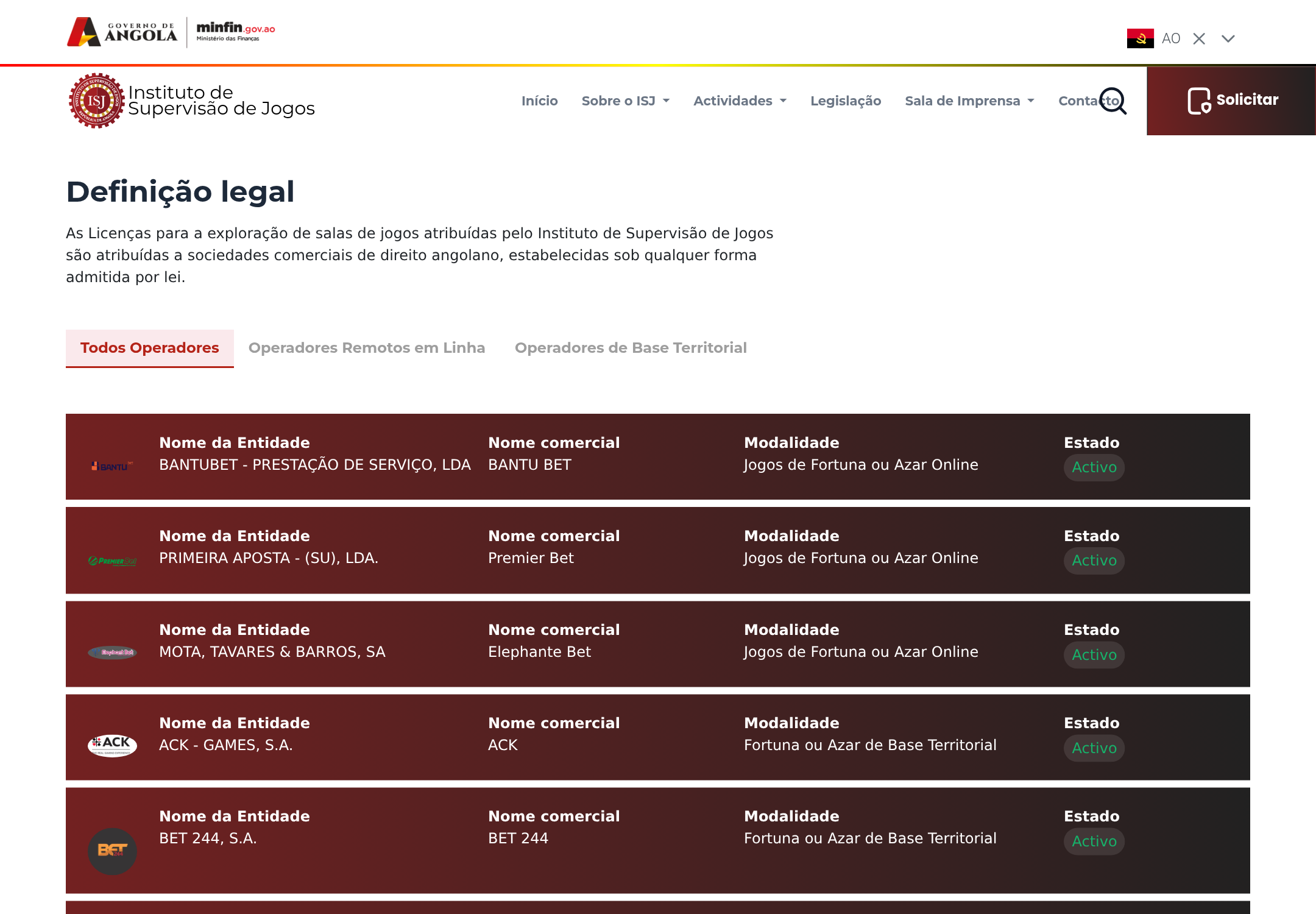 Captura do registo de licenciamento do ISJ