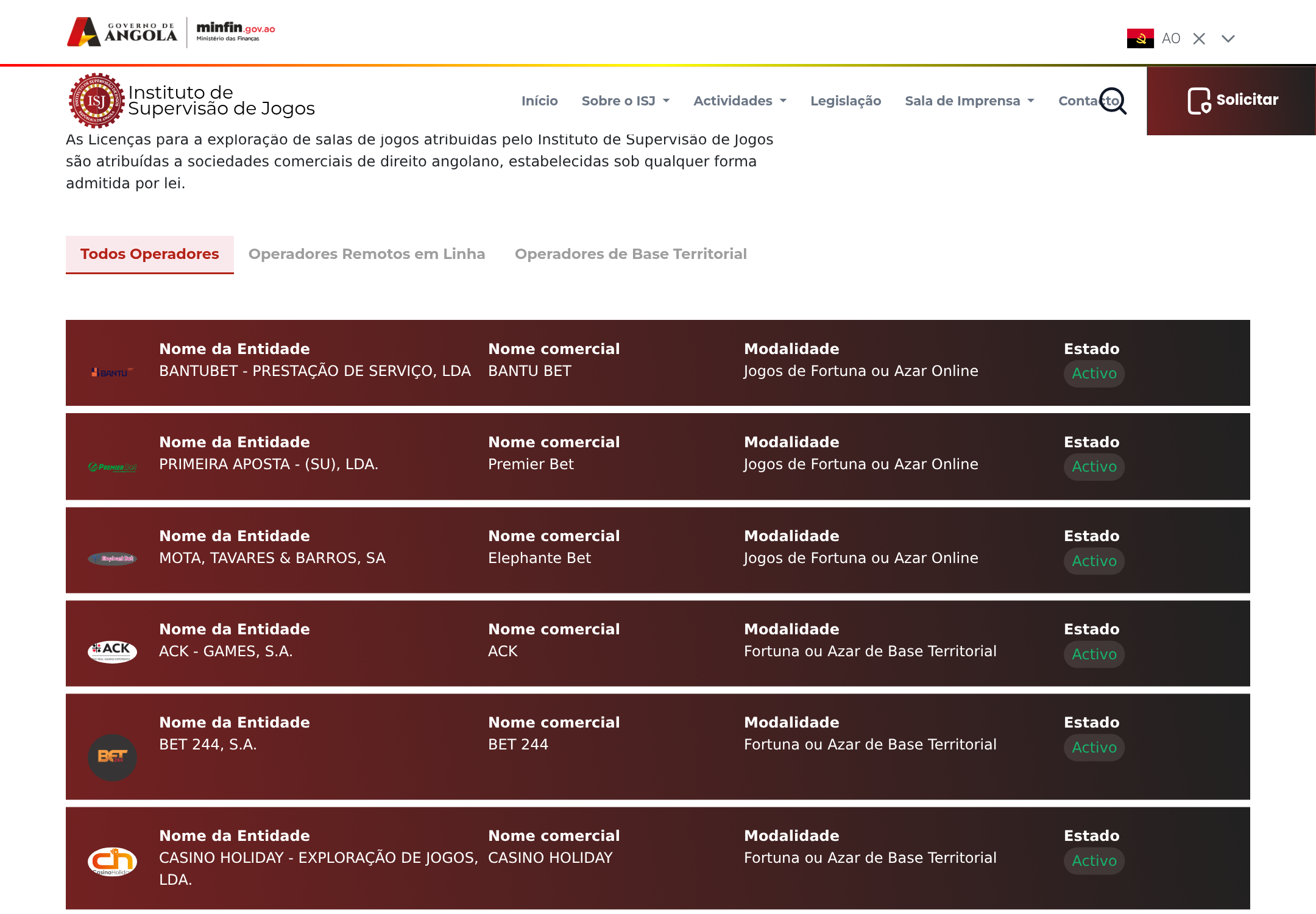 Captura do registo de licenciamento do ISJ associada à Premier Bet